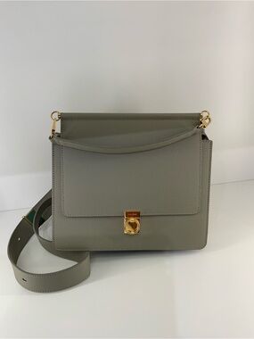 Polène Structured Olive-Taupe Leather Shoulder Bag with Gold Hardware